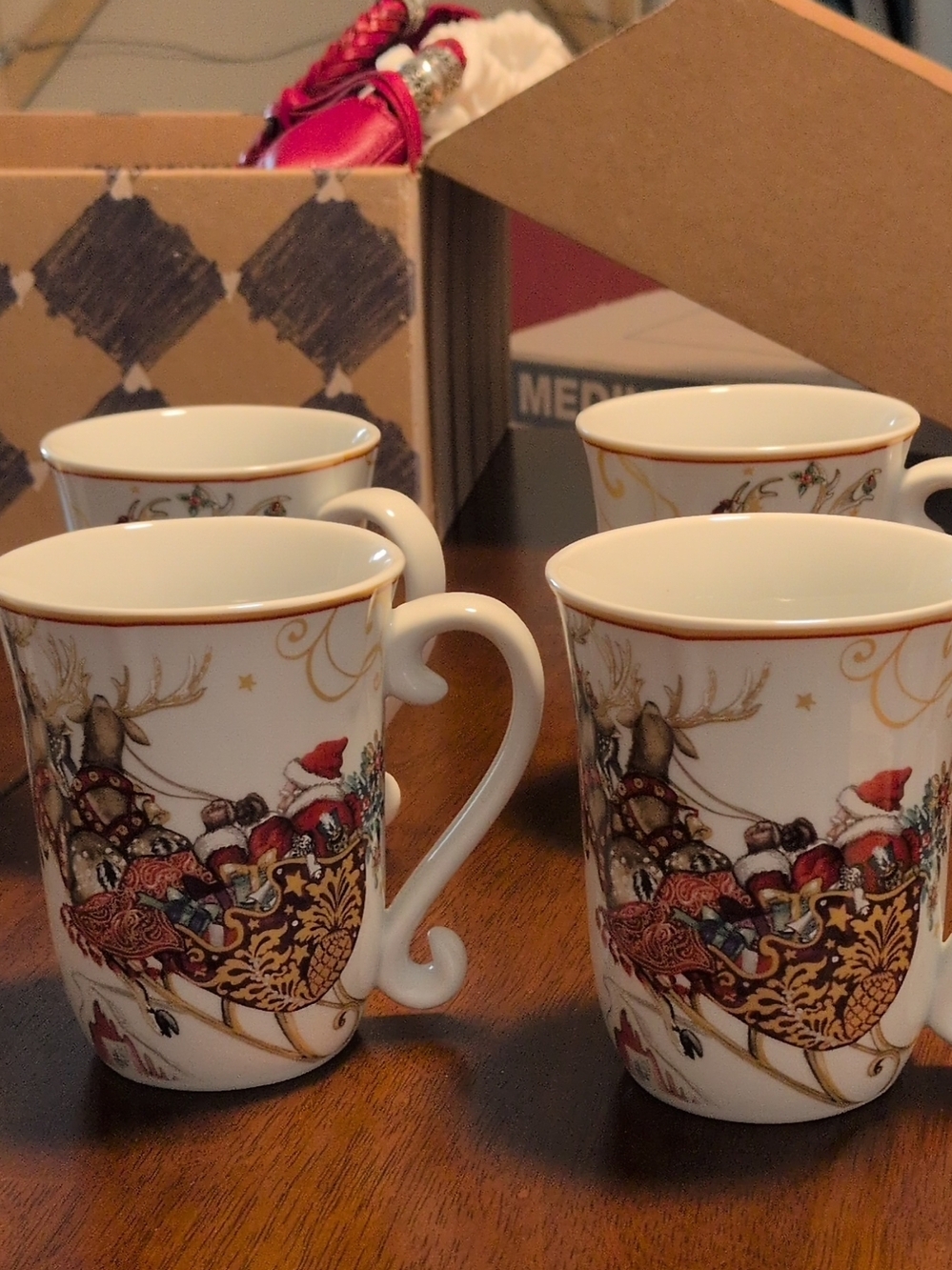 Festive Ceramic Mug with Reindeer Sleigh Design - White and Gold Accents